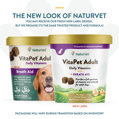 New Look of NaturVet VitaPet Adult Daily Vitamins Plus Breath Aid Soft Chews for Dogs 60 Count 6.3-oz