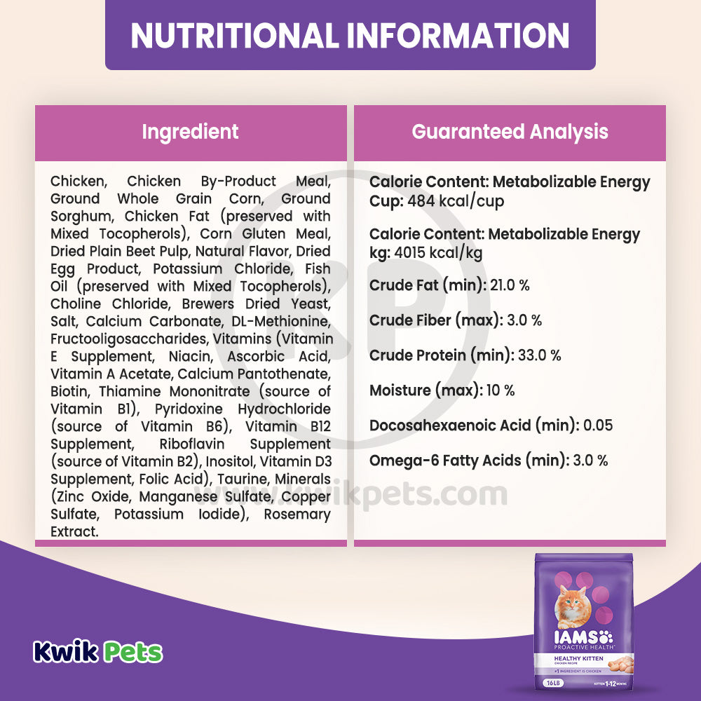 Nutritional info of IAMS Proactive Health Kitten Dry Cat Food Chicken 16-lb