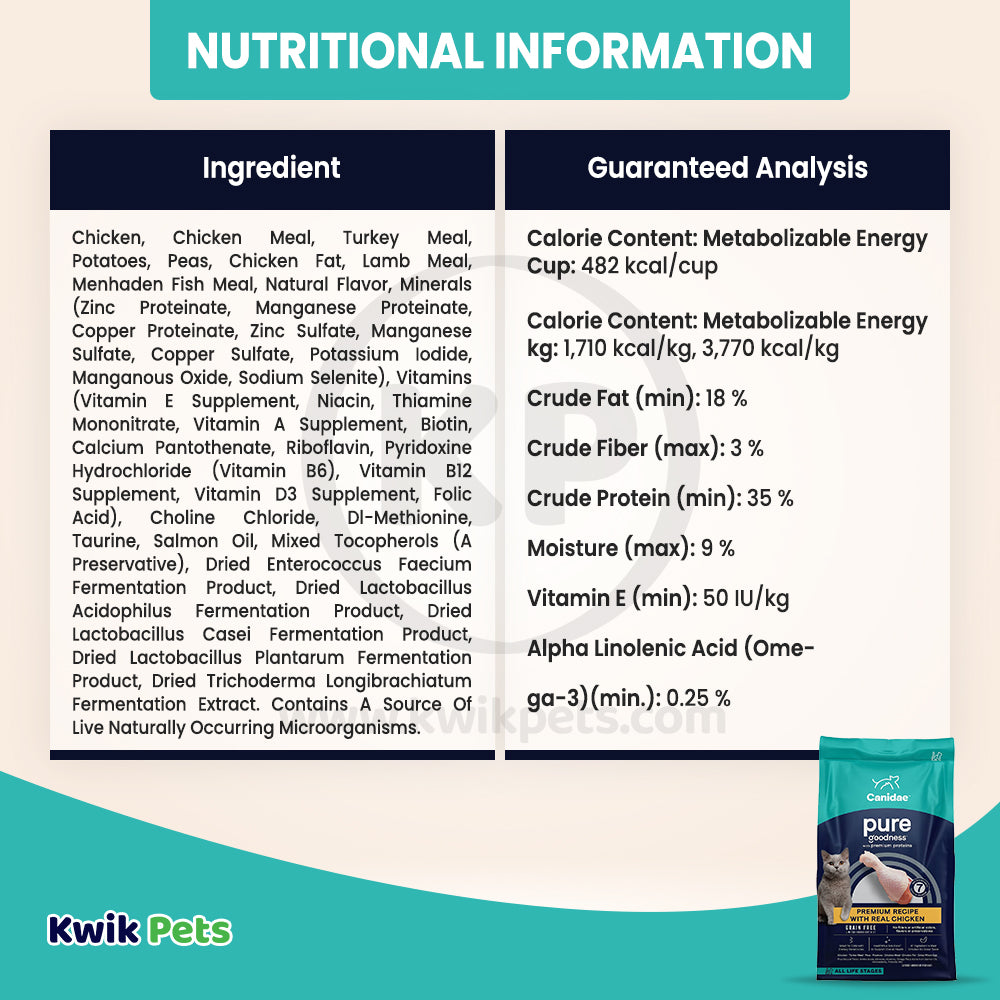 Nutritional info of CANIDAE Pure Goodness Grain-Free LID Dry Cat Food Elements Formula w/Chicken 5-lb