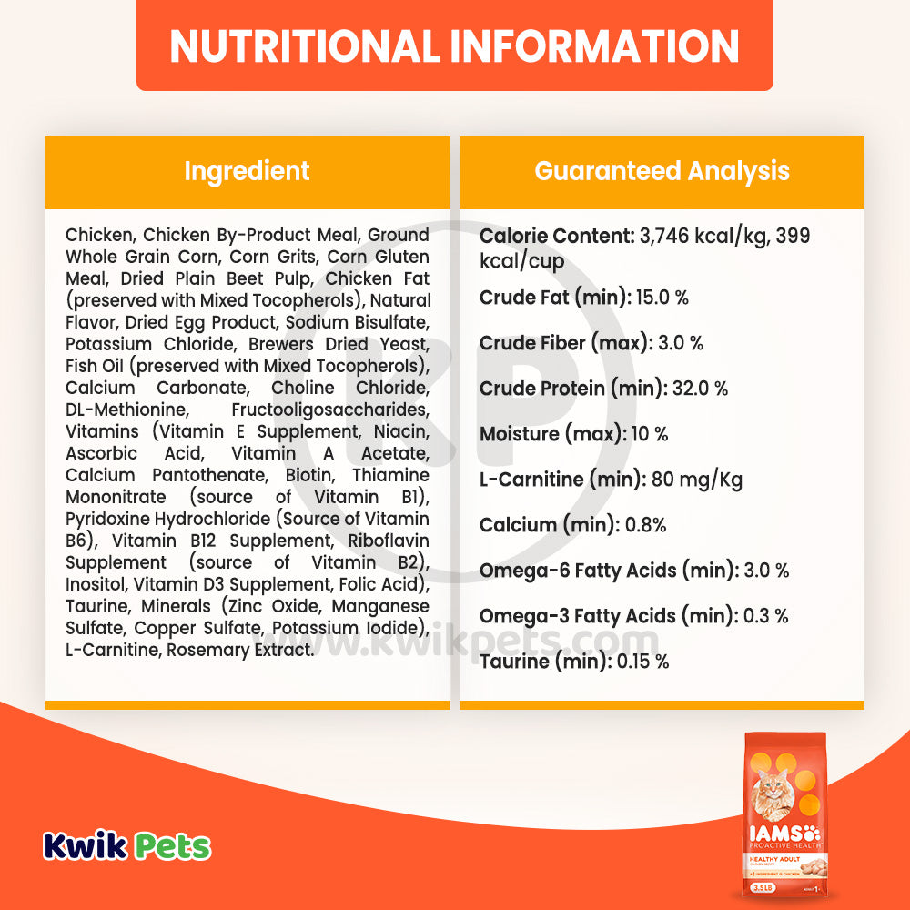 Nutritional info of IAMS Proactive Health Adult Dry Cat Food Chicken 3.5-lb