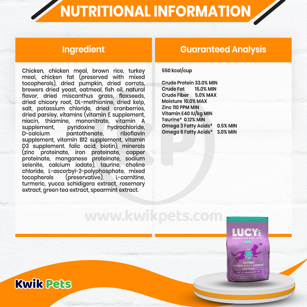 Nutritional info of Lucy Pet Products Formulas for Life Dry Cat Food Chicken Brown Rice & Pumpkin 4-lb
