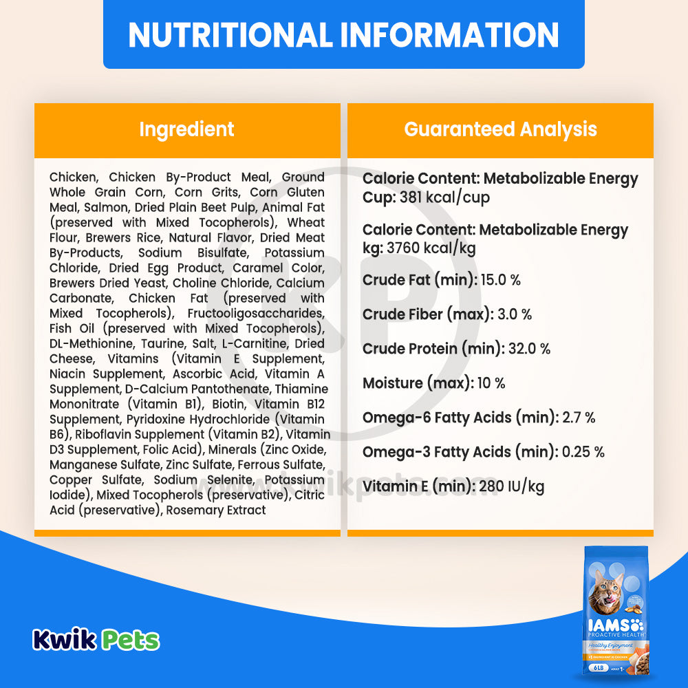 Nutritional info of IAMS ProActive Health Healthy Enjoyment Adult Dry Cat Food Chicken & Salmon 6-lb
