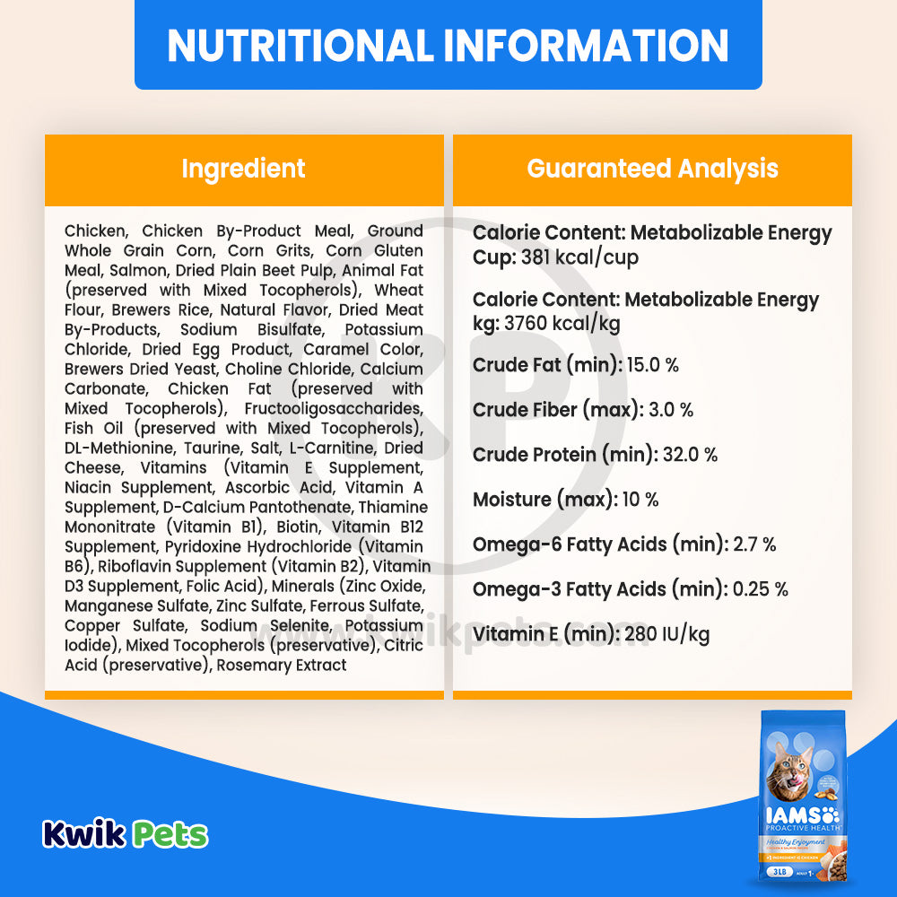 Nutritional info of IAMS ProActive Health Healthy Enjoyment Adult Dry Cat Food Chicken & Salmon 3-lb