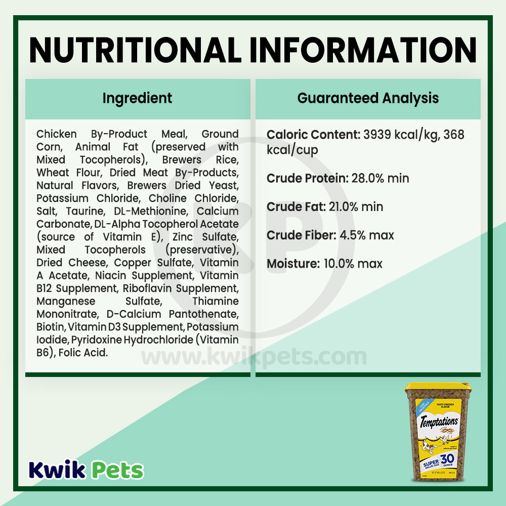 Nutritional info of Temptations Classics Crunchy & Soft Adult Cat Treats Tasty Chicken 30-oz