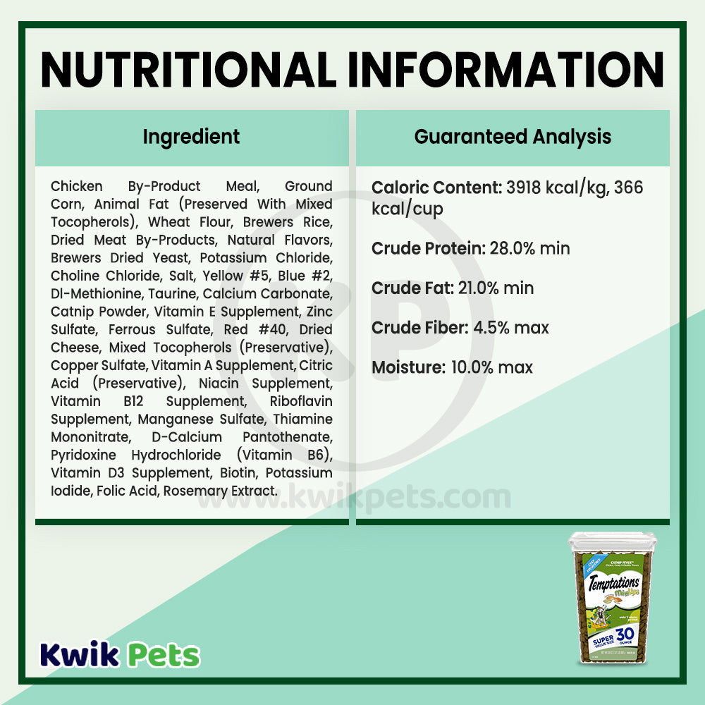 Nutritional info of Temptations MixUps Crunchy & Soft Adult Cat Treats Catnip Fever 30-oz