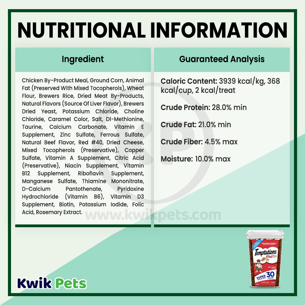 Nutritional info of Temptations MixUps Crunchy & Soft Adult Cat Treats Backyard Cookout 30-oz
