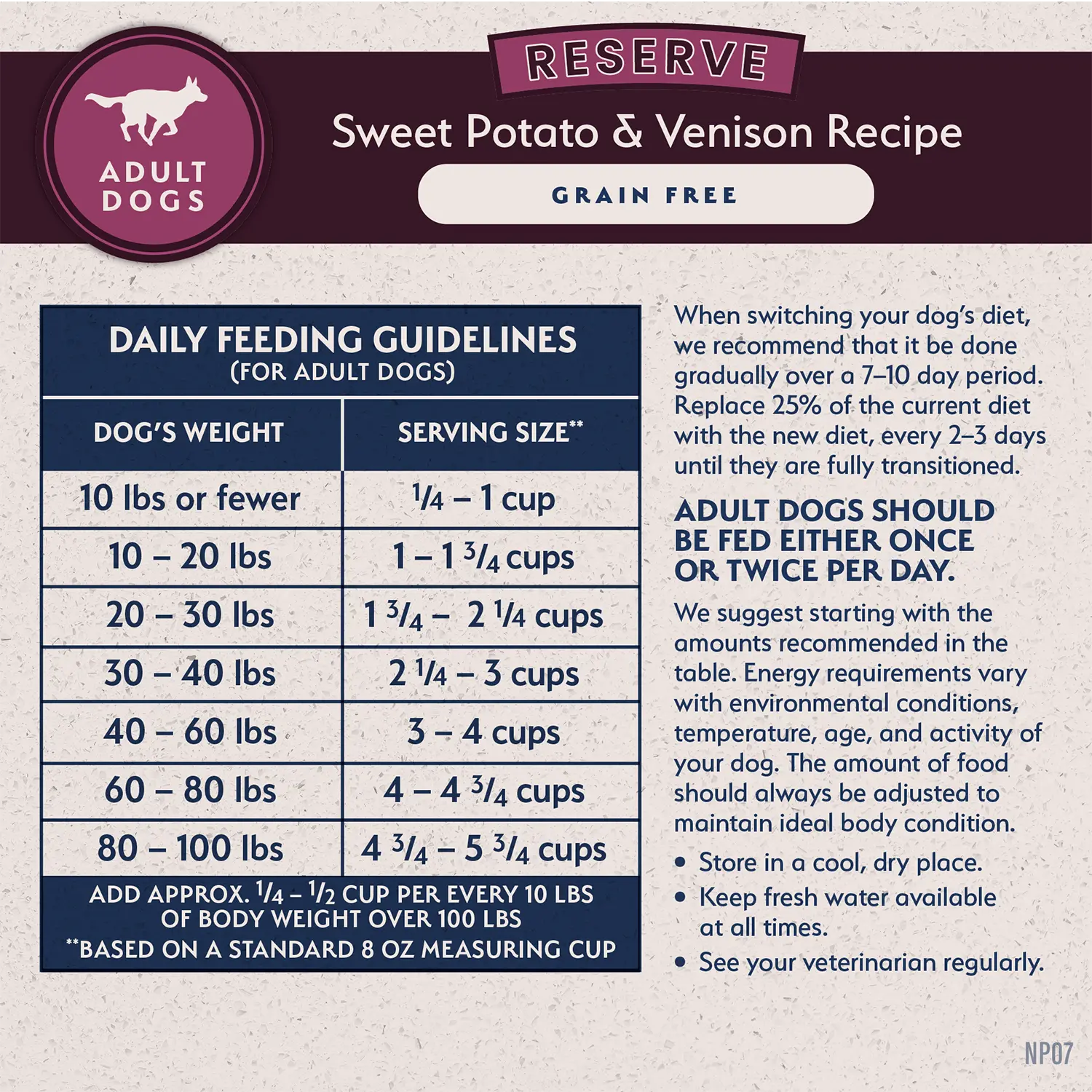 Feeding Guidelines of Natural Balance Pet Foods Limited Ingredient Reserve Grain Free Adult Dry Dog Food Sweet Potato & Venison 22-lb
