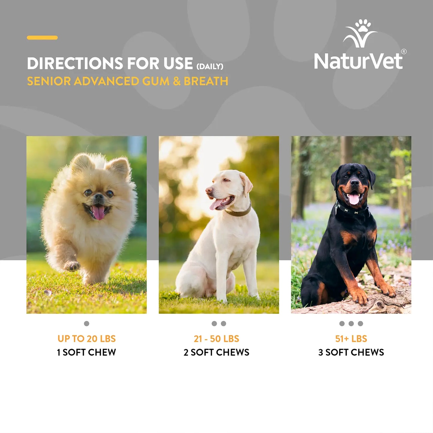 Usages Directions of NaturVet Senior Advanced Gum & Breath Dog Soft Chews 45 Count 6.3-oz