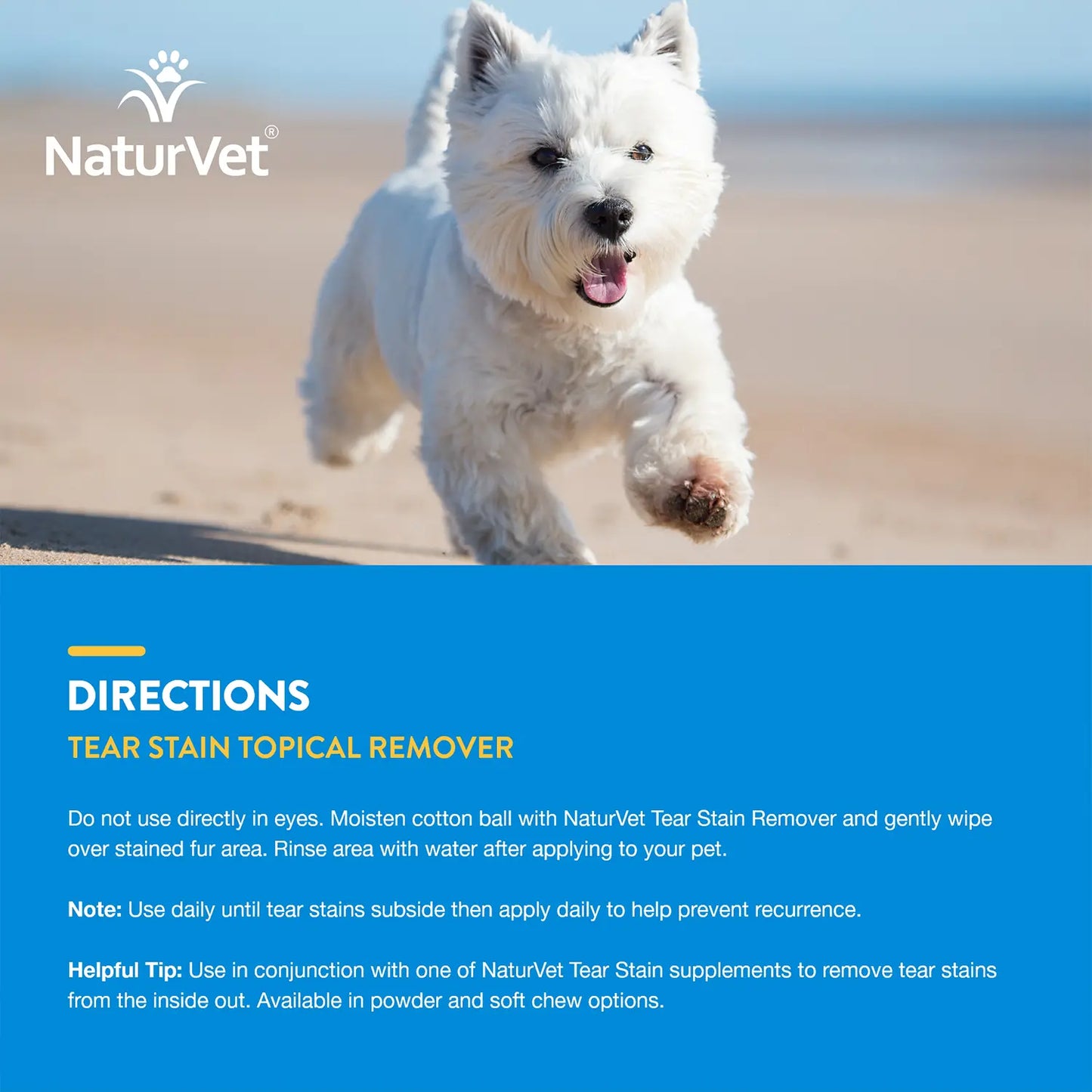 Usages Directions of NaturVet Tear Stain Topical Remover for Dogs & Cats 4-oz