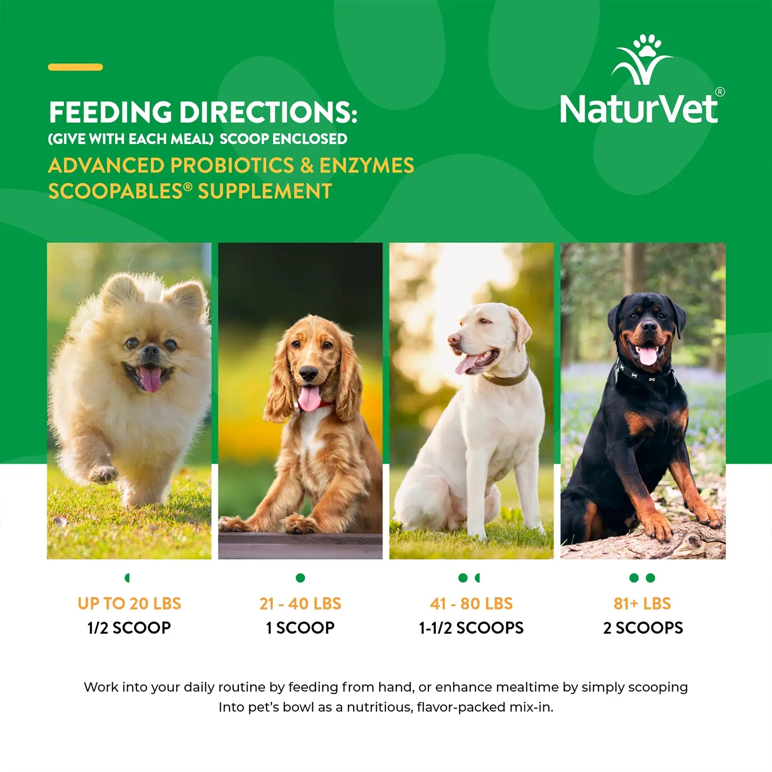 Usages Directions of NaturVet Scoopables Advanced Probiotics & Enzymes for Dogs 45 Count 11-oz