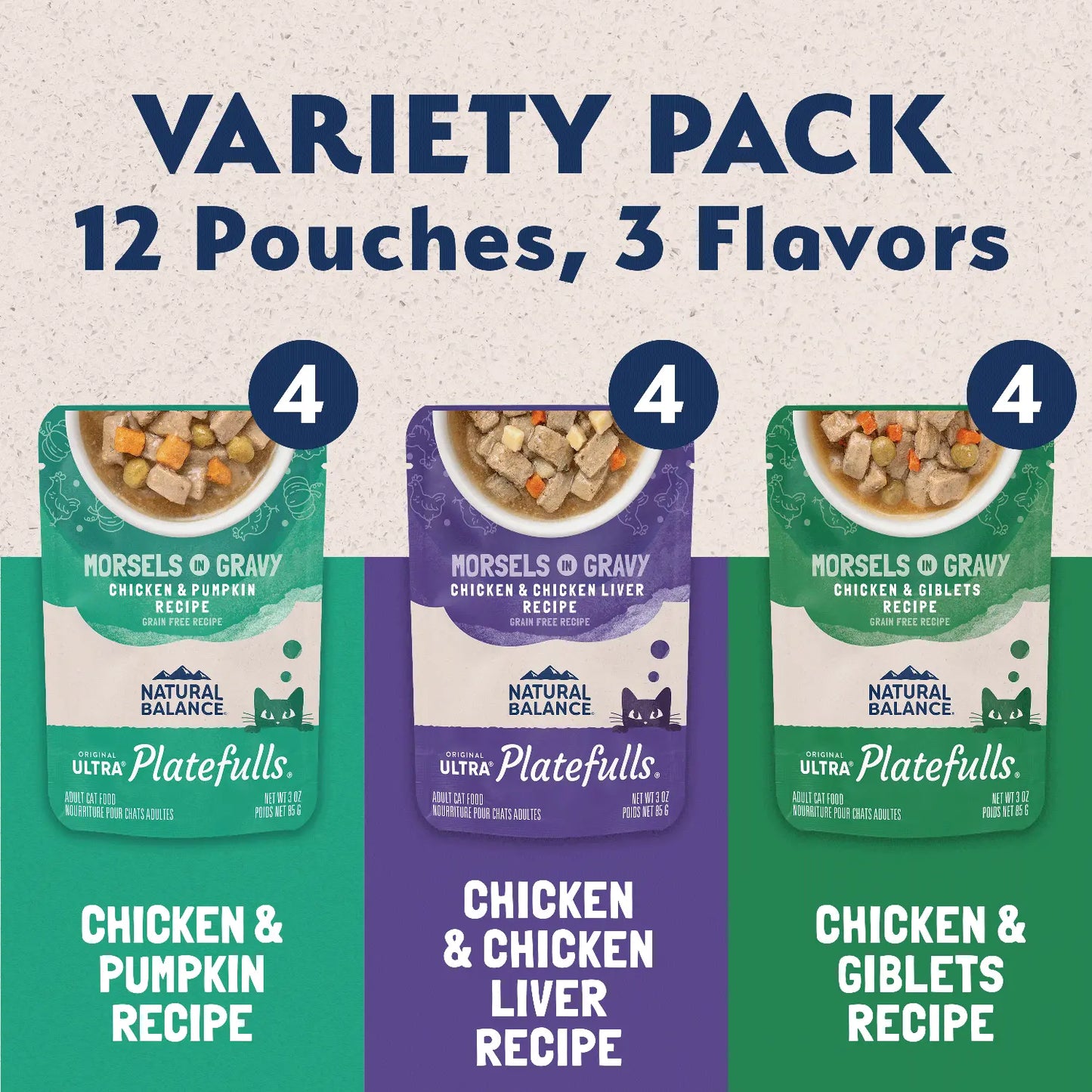 Variety Pack of Natural Balance Ultra Platefulls Chicken Morsels in Gravy Adult Wet Cat Food Variety Pack 3-oz Pouches 12 Count