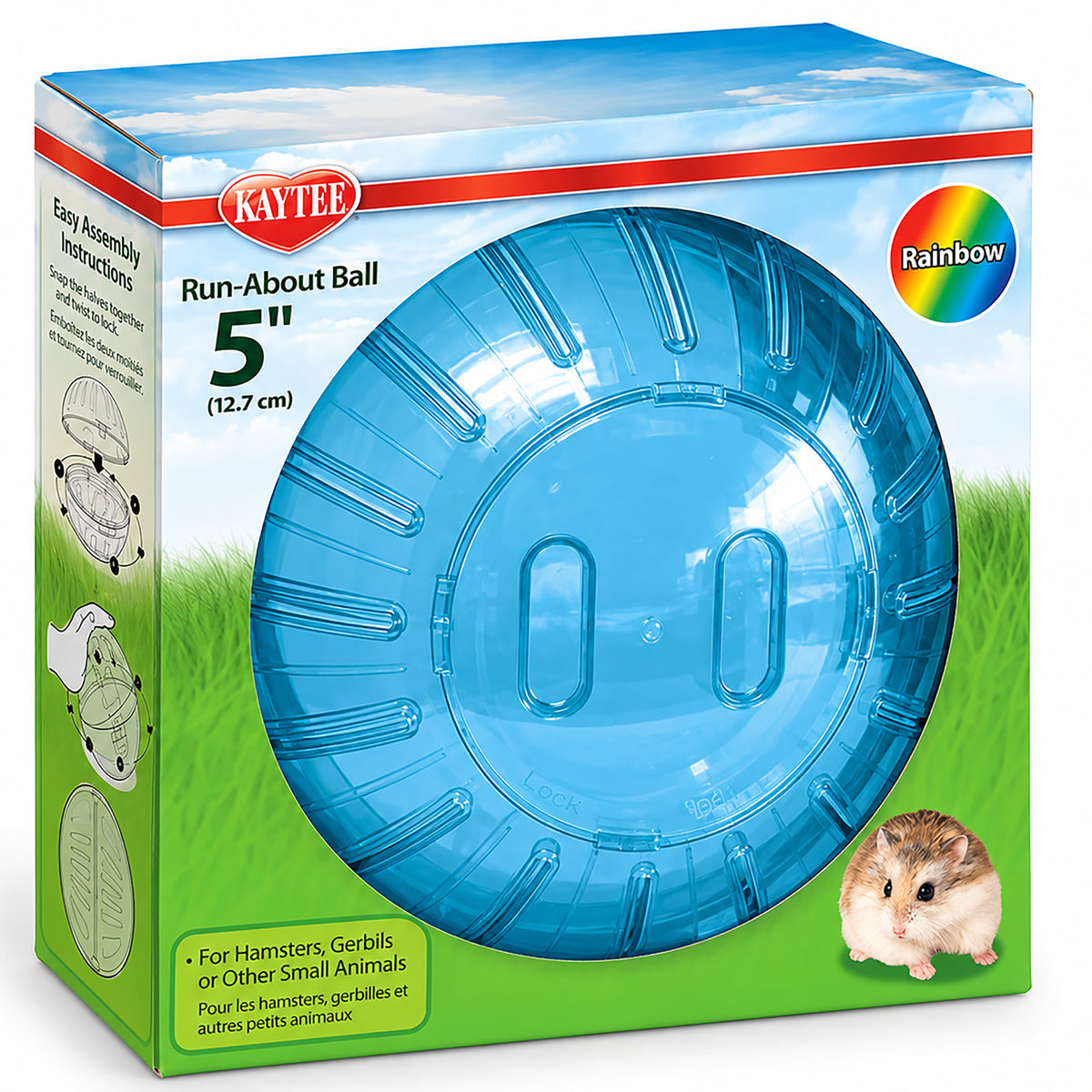 Back of Kaytee Run-About Small Animal Mini Exercise Ball Rainbow 5-in
