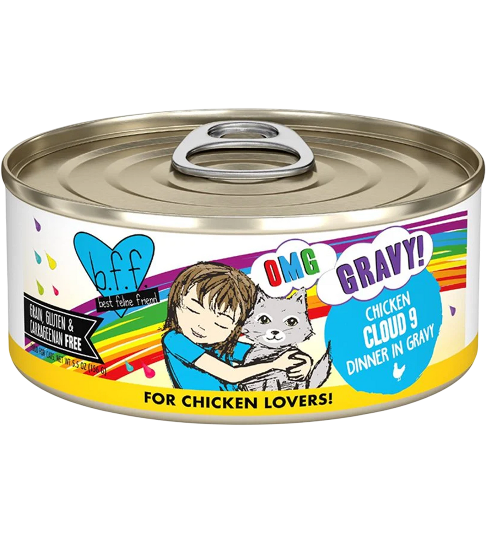 Front of Weruva B.F.F. OMG Chicken Cloud 9 Dinner in Gravy Wet Cat Food 5.5-oz