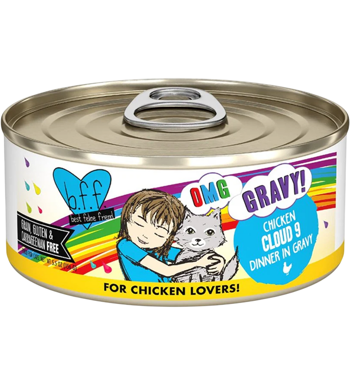 Front of Weruva B.F.F. OMG Chicken Cloud 9 Dinner in Gravy Wet Cat Food 5.5-oz