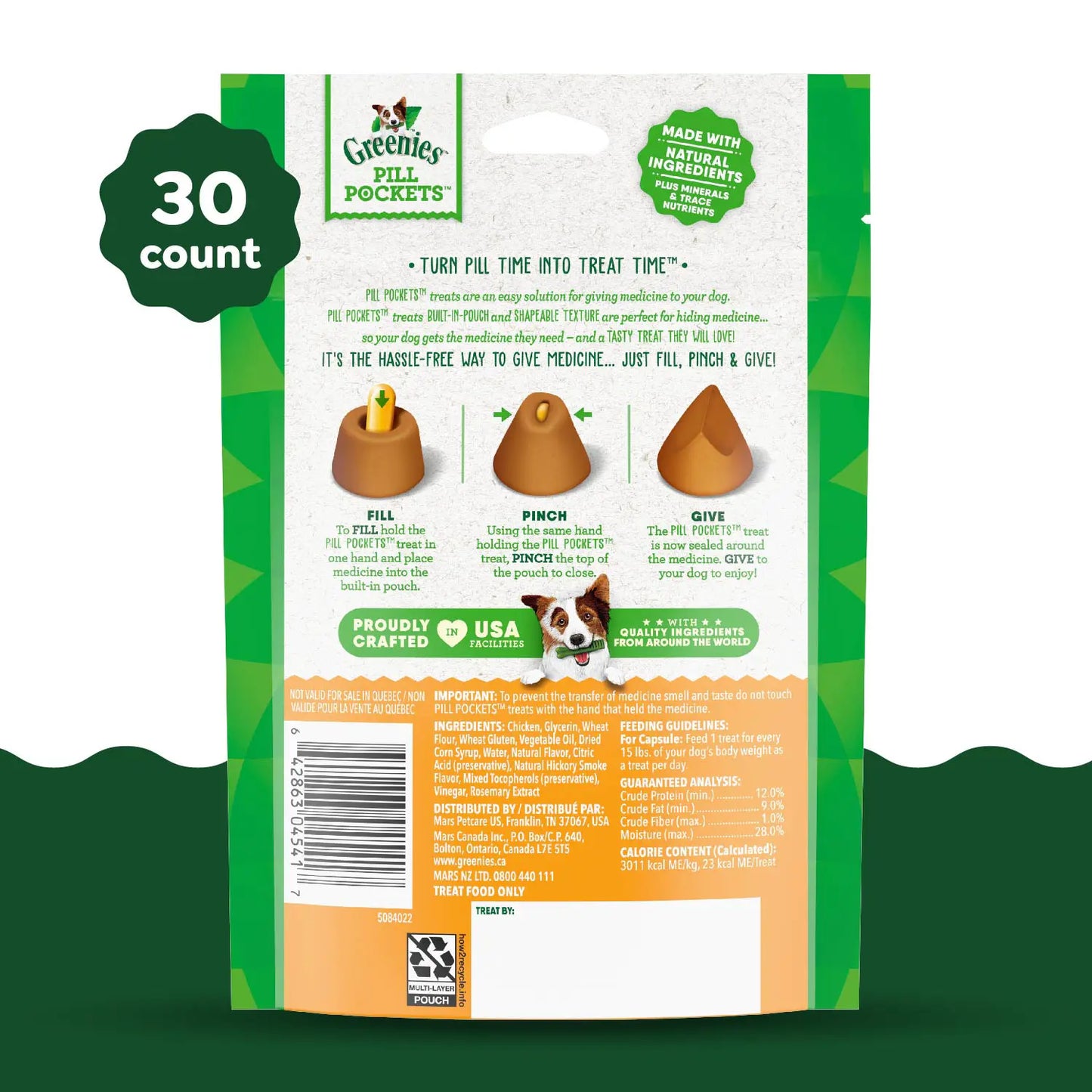 Back 2 of Greenies Capsule Pill Pockets Dog Treats Chicken 7.9-oz 30 Count
