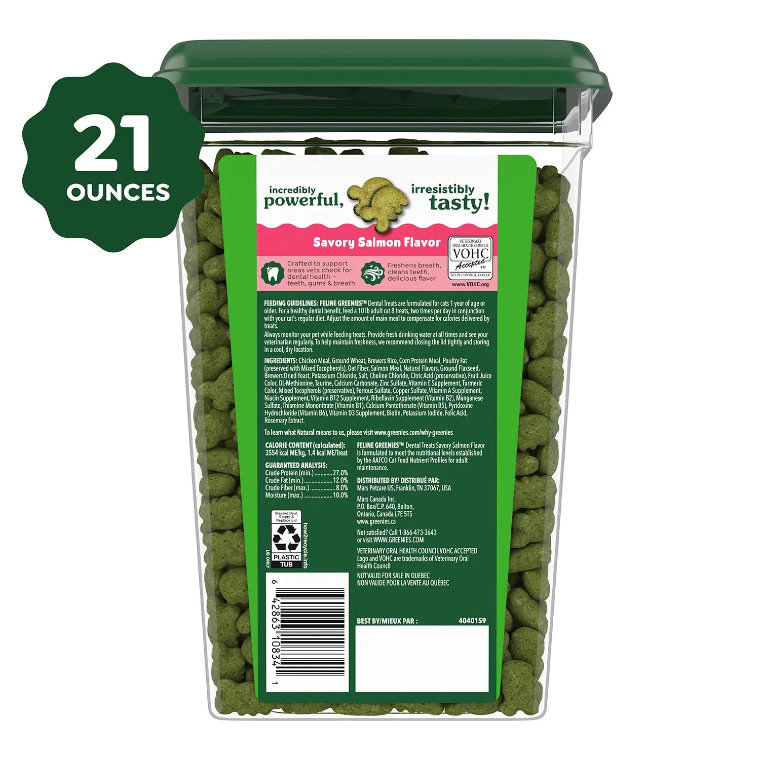 Back 2 of Greenies Feline Savory Salmon Adult Cat Dental Treats 21-oz