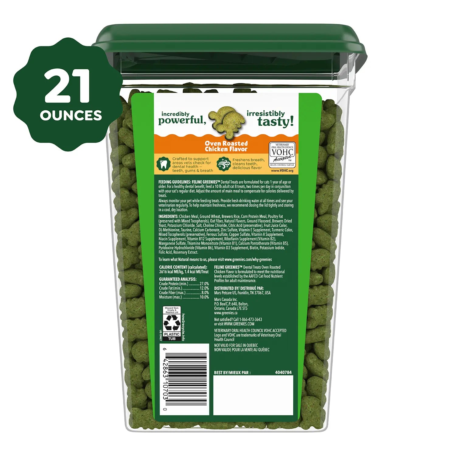 Back 2 of Greenies Feline Oven Roasted Chicken Adult Cat Dental Treats 21-oz