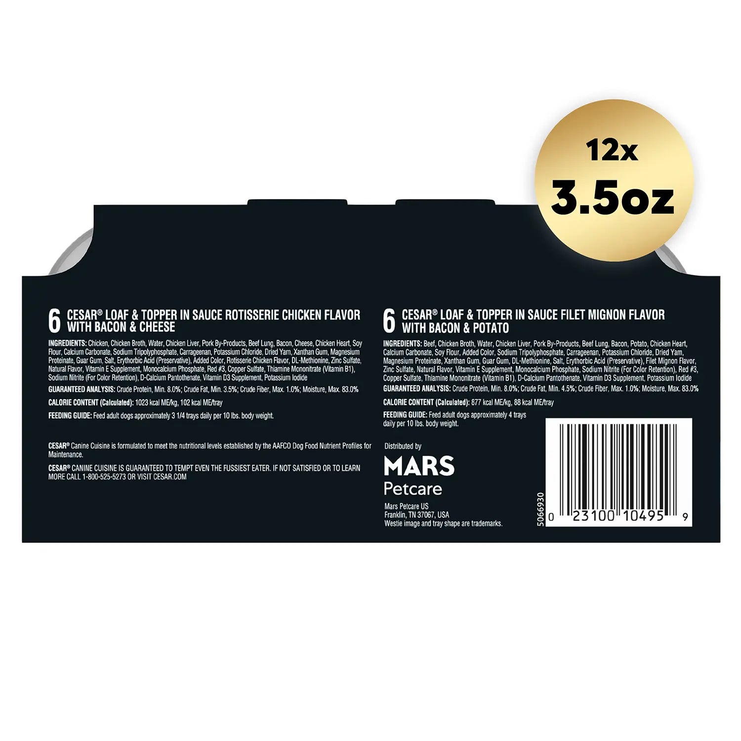 Back 1 of Cesar Loaf & Topper in Sauce Adult Wet Dog Food Variety Pack Rotisserie Chicken, Filet Mignon 12 Count 3.5-oz