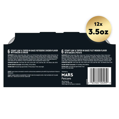 Back 1 of Cesar Loaf & Topper in Sauce Adult Wet Dog Food Variety Pack Rotisserie Chicken, Filet Mignon 12 Count 3.5-oz