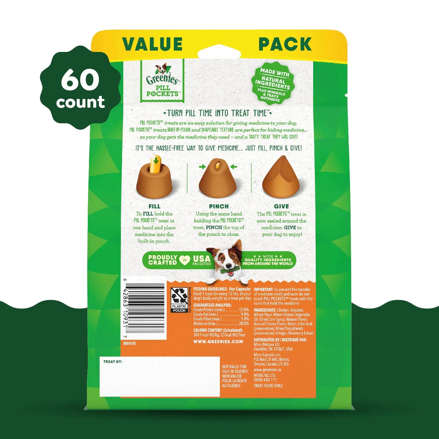 Back 2 of Greenies Capsule Pill Pockets Dog Treats Cheese 15.8-oz 60 Count