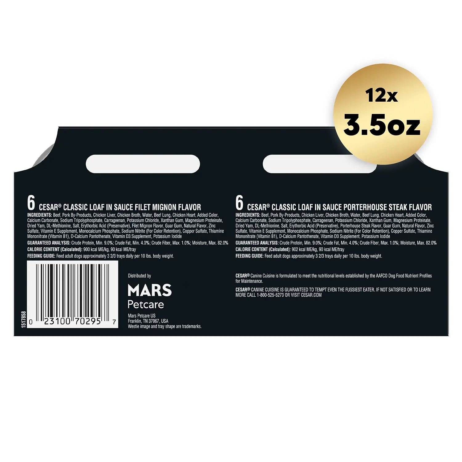 Back 1 of Cesar Classic Loaf in Sauce Adult Wet Dog Food Variety Pack Filet Mignon & Porterhouse Steak 12 Count 42.3-oz