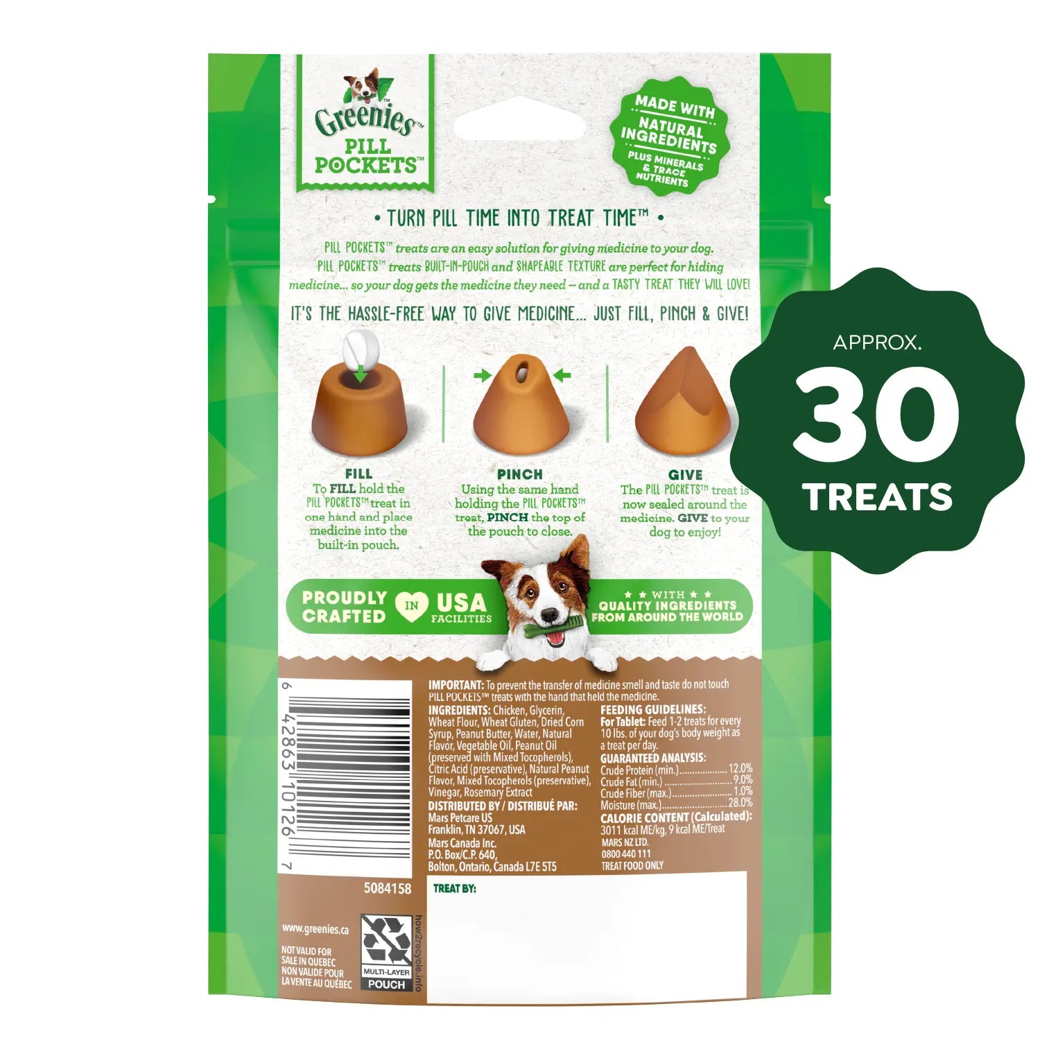 Back 2 of Greenies Tablet Pill Pockets Dog Treats Peanut Butter 3.2-oz 30 Count