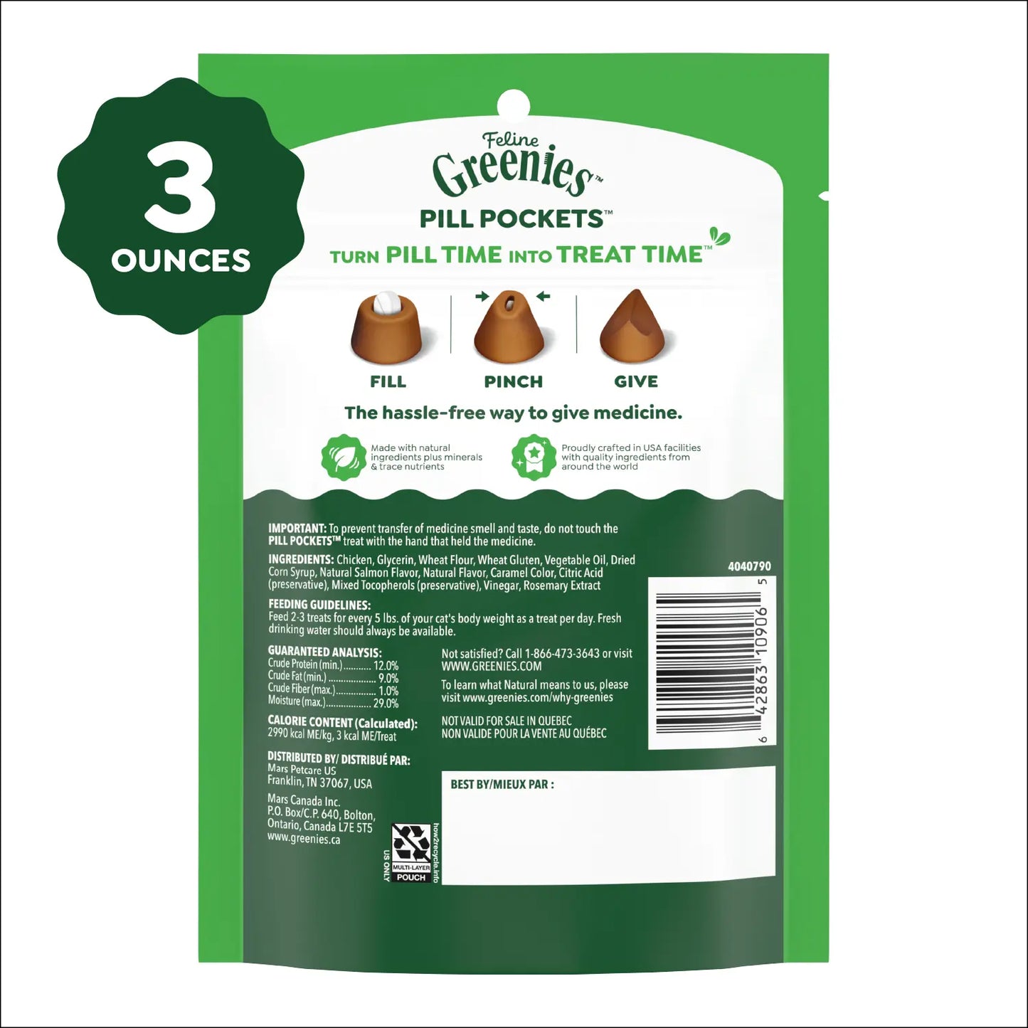 Back 2 of Greenies Feline Pill Pockets Cat Treats Salmon 3-oz 85 Count