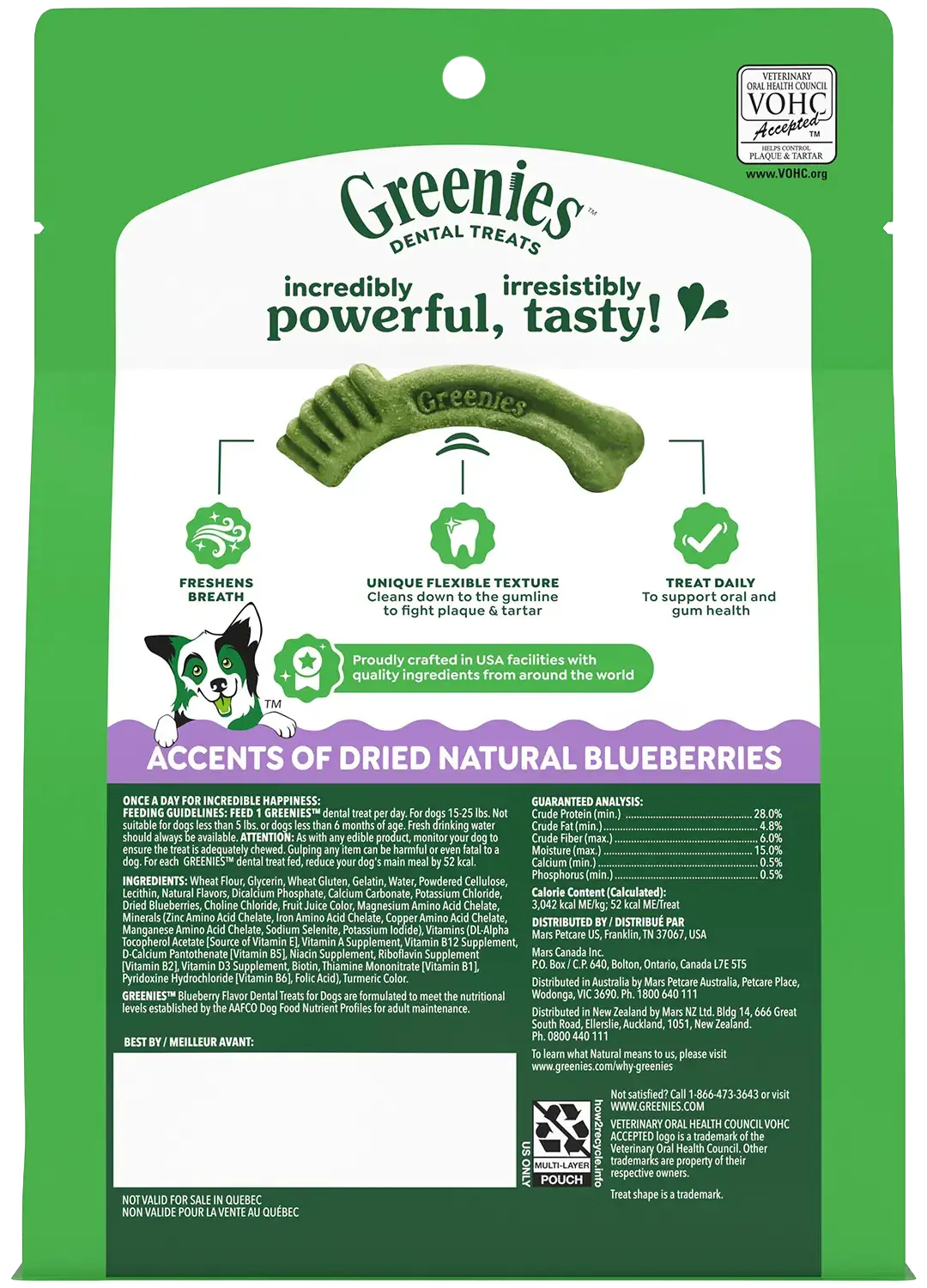 Back of Greenies Blueberry Dog Dental Treats Petite 12-oz 20 Count