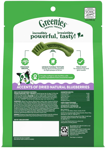 Back of Greenies Blueberry Dog Dental Treats Petite 12-oz 20 Count
