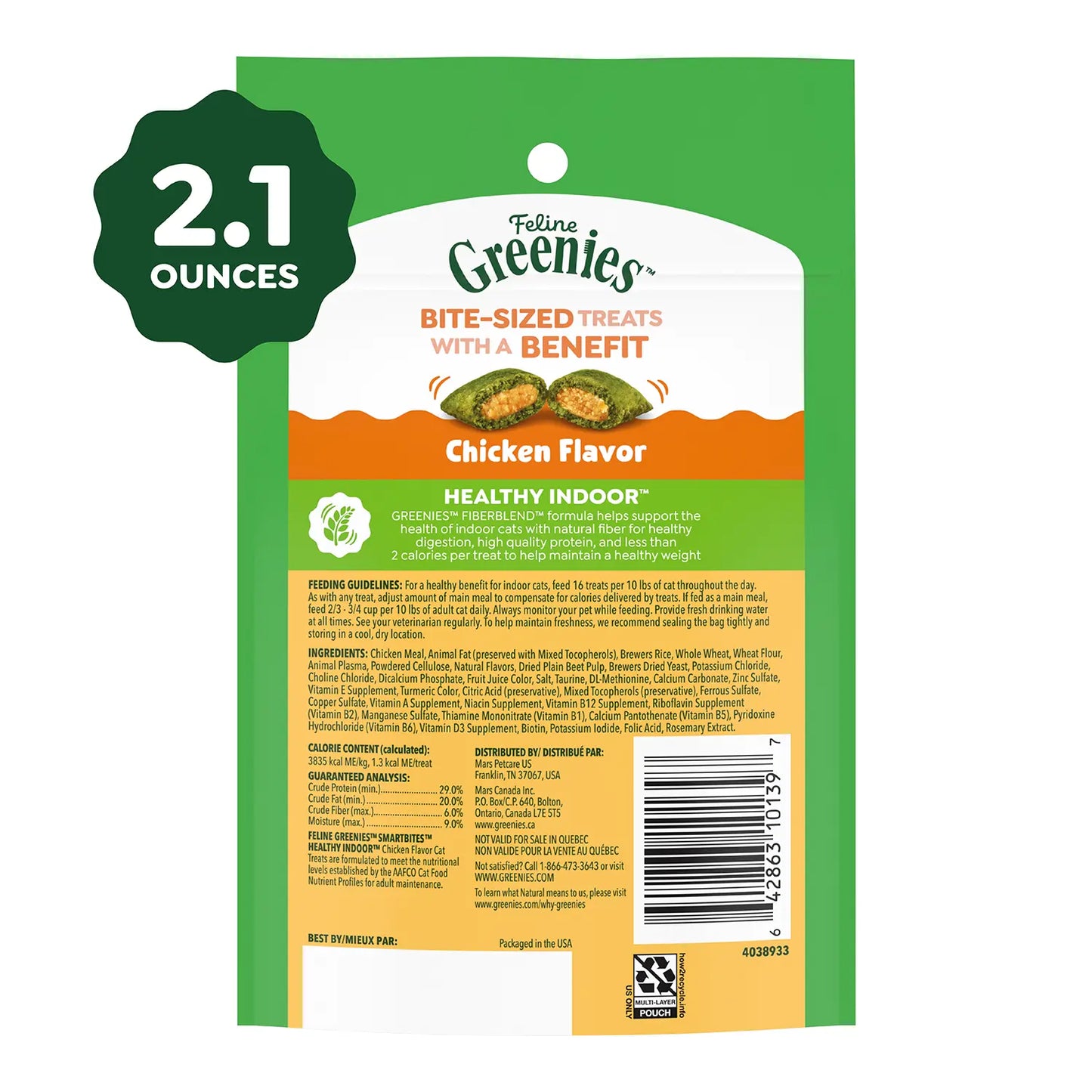 Back 2 of Greenies Feline SmartBites Healthy Indoor Chicken Cat Treats 2.1-oz