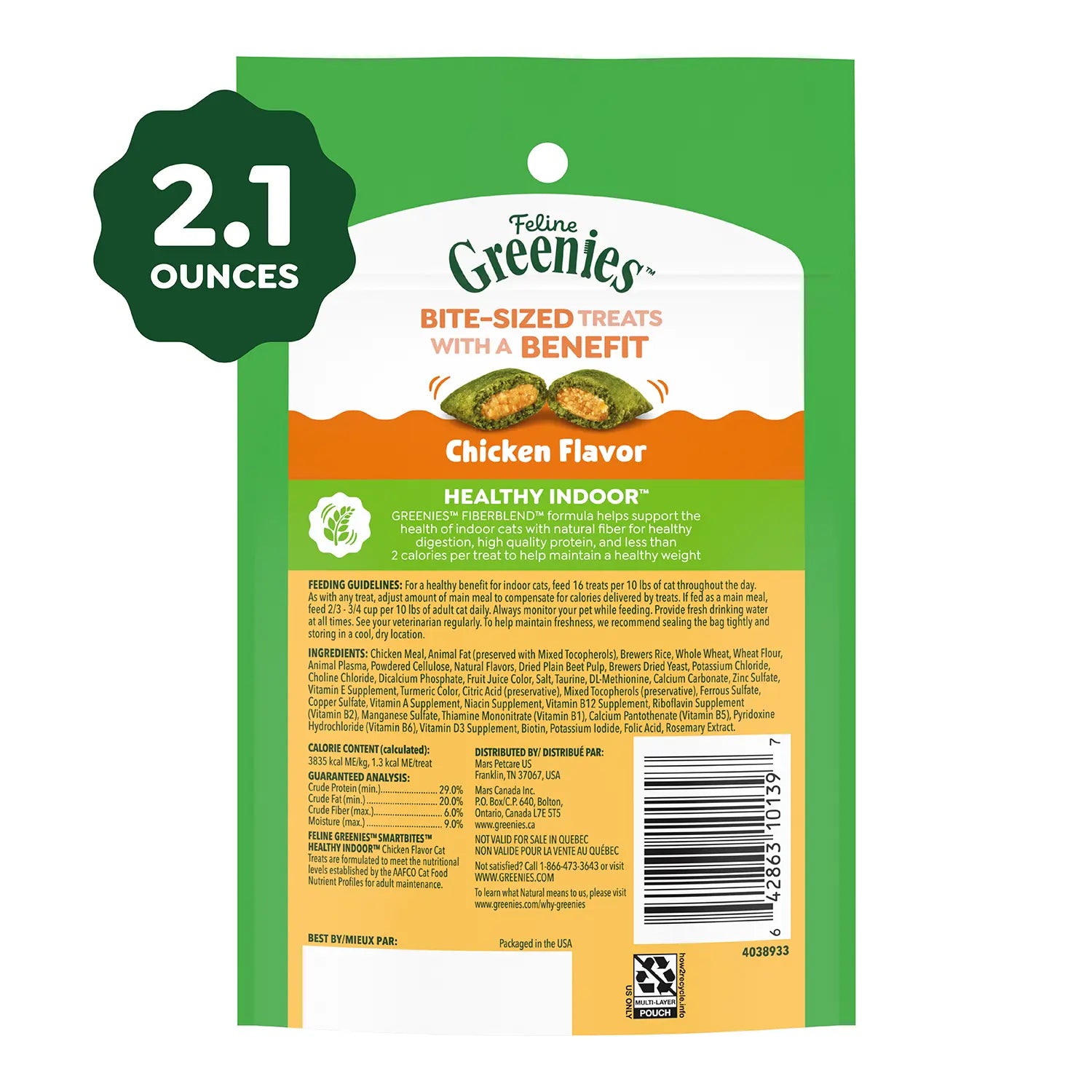 Back 2 of Greenies Feline SmartBites Healthy Indoor Chicken Cat Treats 2.1-oz