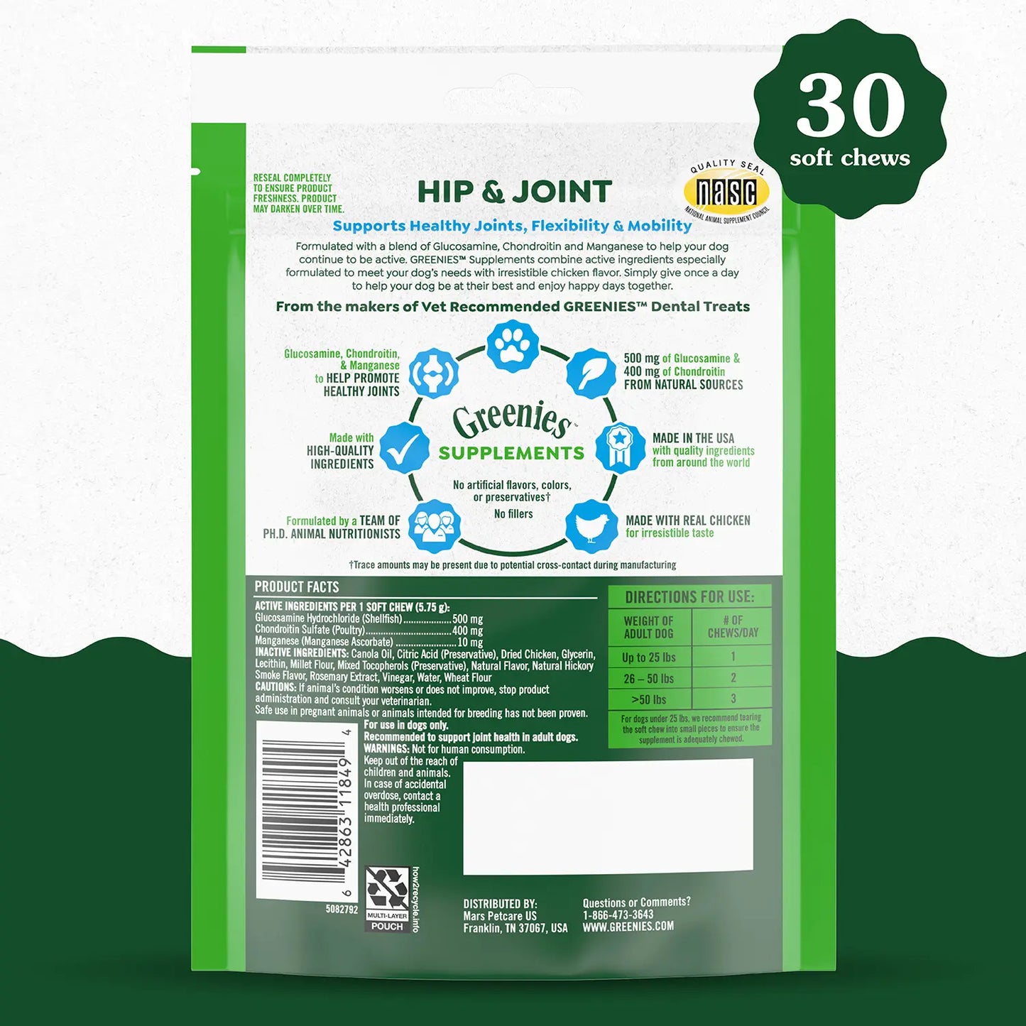 Back 2 of Greenies Hip & Joint Supplement Soft Chews for Adult Dogs Chicken Flavor 30 Count 6.08-oz