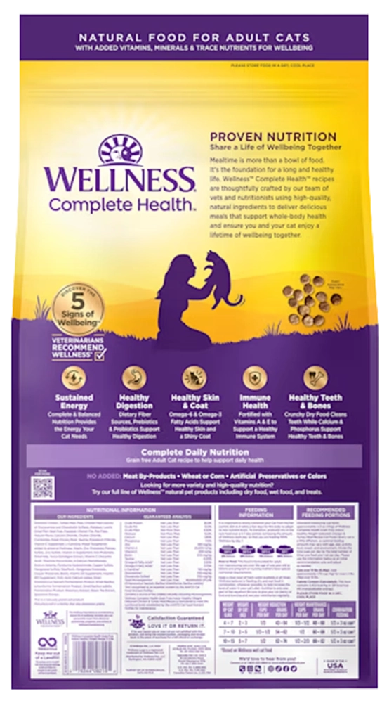 Back of Wellness Complete Health Grain-Free Indoor Healthy Weight Adult Dry Cat Food Deboned Chicken & Turkey Meal Recipe 5.5-lb
