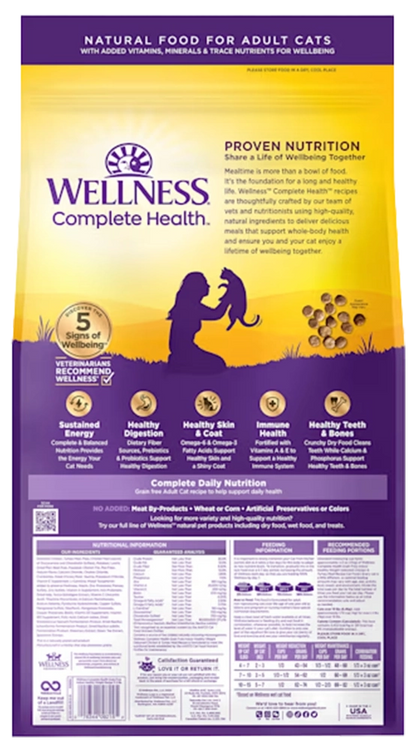 Back of Wellness Complete Health Grain-Free Indoor Healthy Weight Adult Dry Cat Food Deboned Chicken & Turkey Meal Recipe 5.5-lb