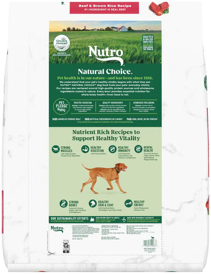 Back of Nutro Natural Choice Beef & Brown Rice Adult Dry Dog Food 28-lb