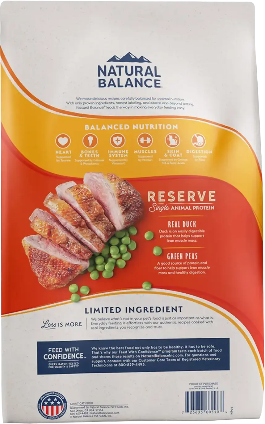 Back of Natural Balance Pet Foods Limited Ingredient Reserve Grain Free Dry Cat Food Green Pea & Duck 10-lb