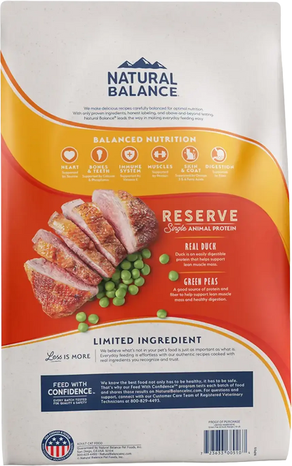 Back of Natural Balance Pet Foods Limited Ingredient Reserve Grain Free Dry Cat Food Green Pea & Duck 10-lb