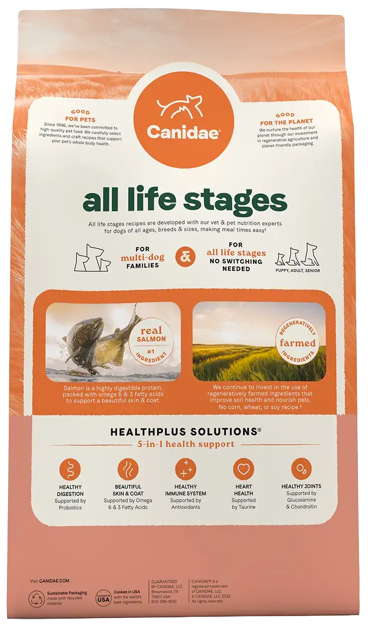 Back of Canidae All Life Stages Dry Dog Food Real Salmon & Ancient Grains Recipe 5- lb