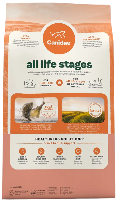 Back of Canidae All Life Stages Dry Dog Food Real Salmon & Ancient Grains Recipe 5- lb