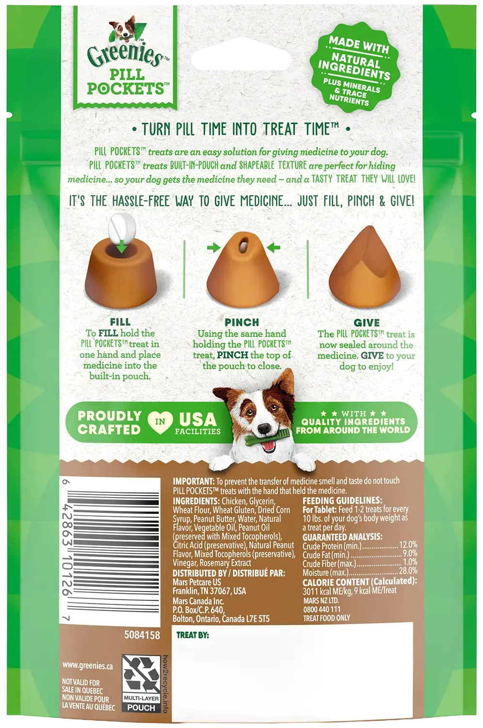 Back of Greenies Tablet Pill Pockets Dog Treats Peanut Butter 3.2-oz 30 Count