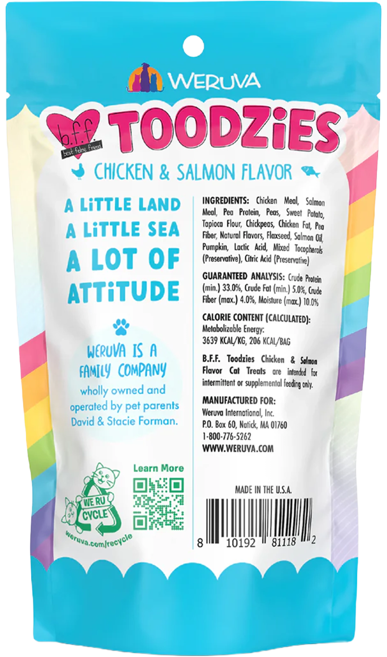 Back of Weruva B.F.F. Toodzies Crunchy Chicken & Salmon Cat Treats 2-oz
