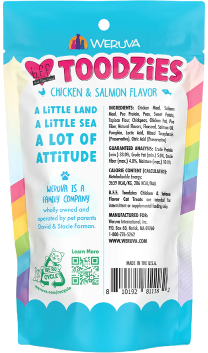Back of Weruva B.F.F. Toodzies Crunchy Chicken & Salmon Cat Treats 2-oz