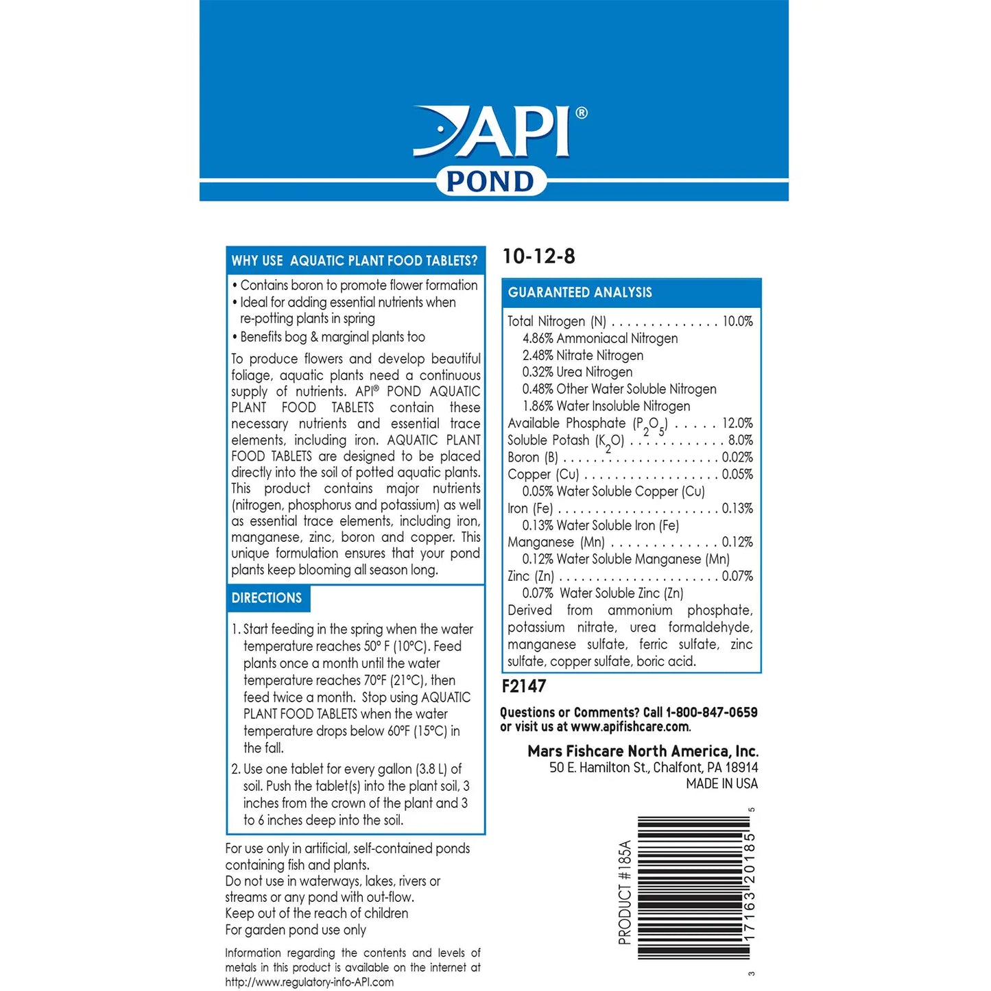 Back of API Pond Aquatic Plant Food Tablets 25 Count