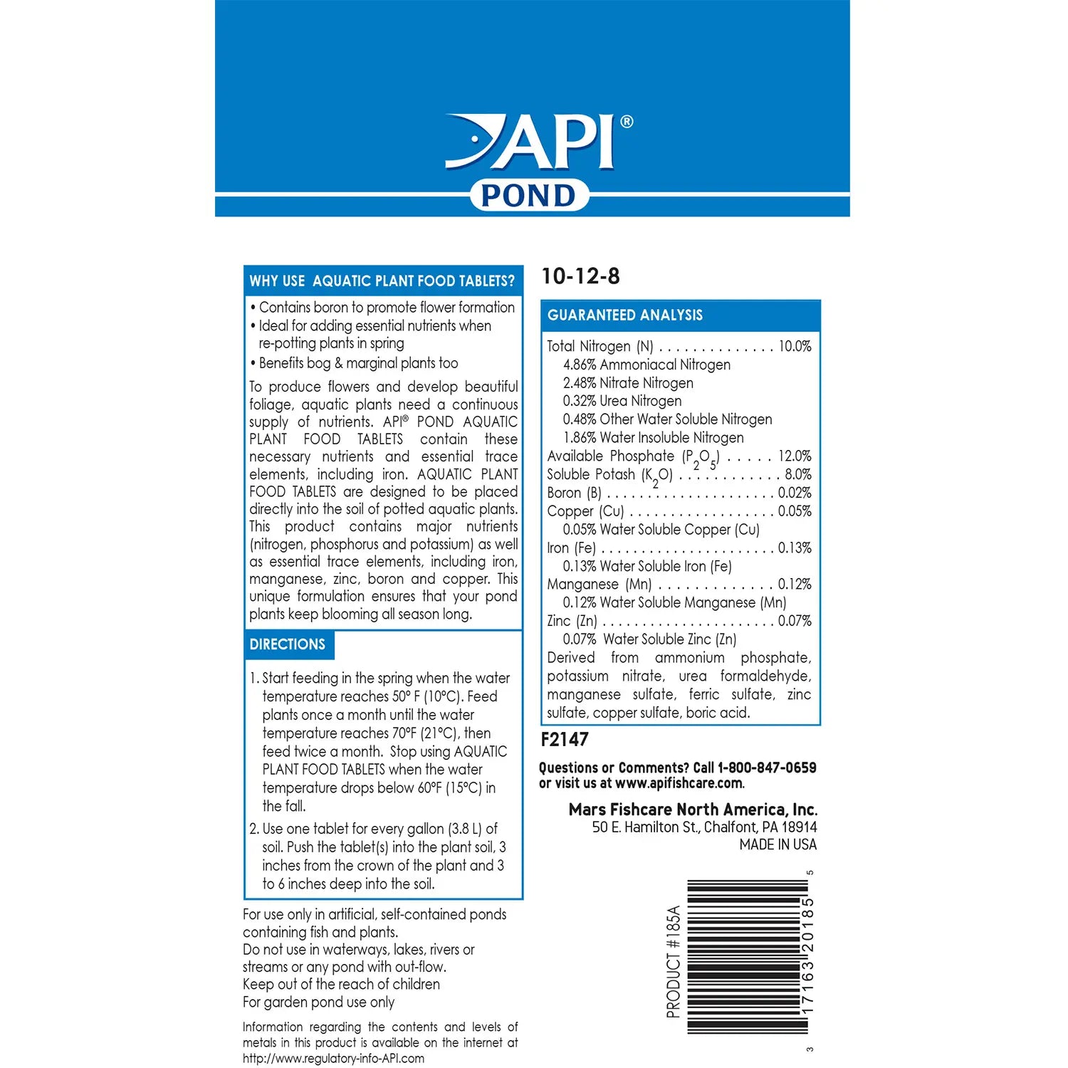 Back of API Pond Aquatic Plant Food Tablets 25 Count