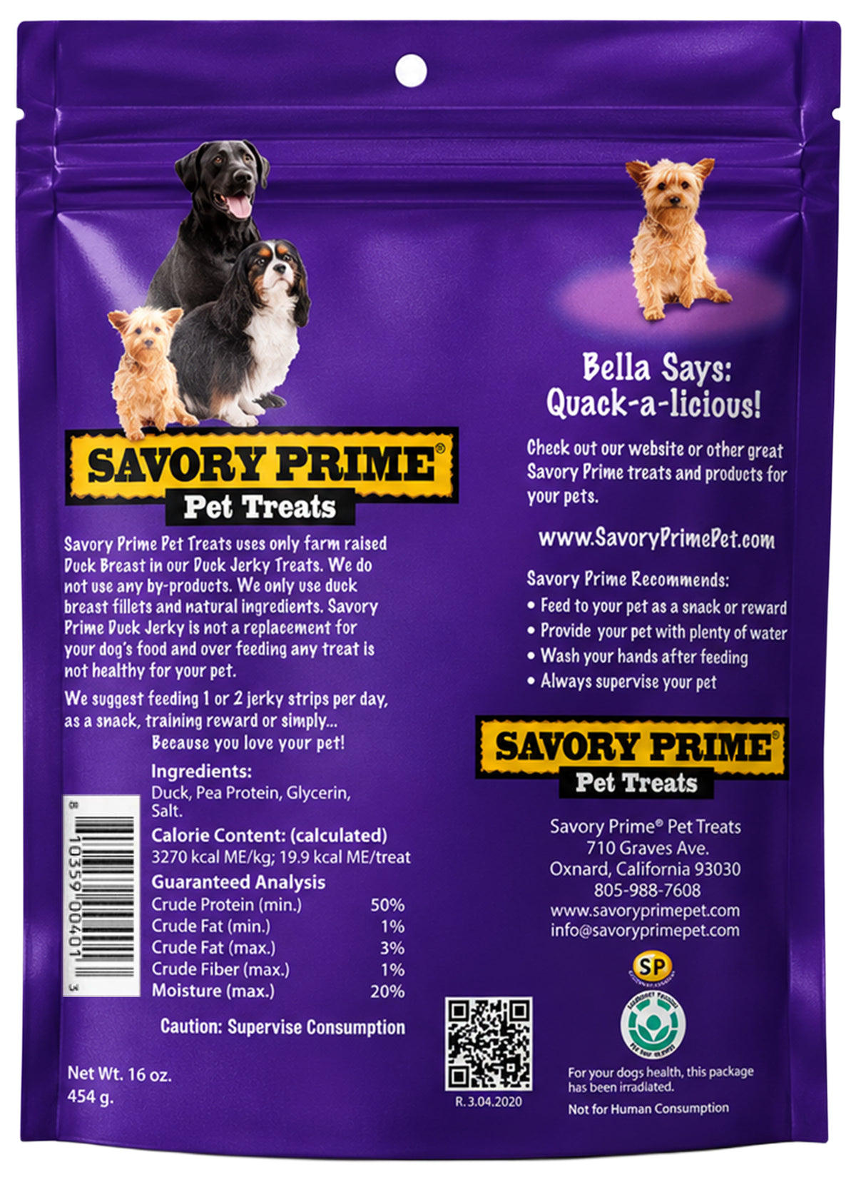 Back of Savory Prime Natural Duck Jerky Dog Treats 16-oz