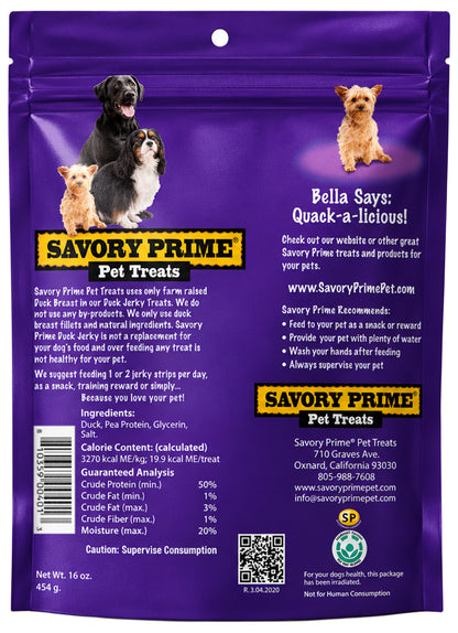 Back of Savory Prime Natural Duck Jerky Dog Treats 16-oz
