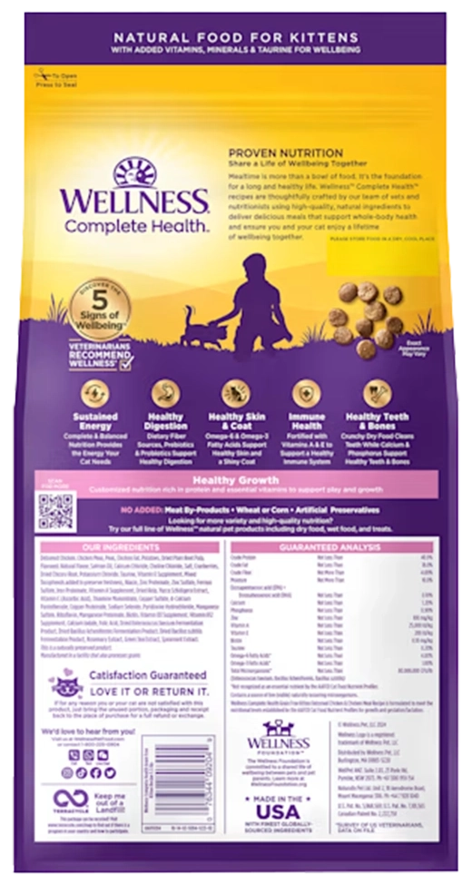 Back of Wellness Complete Health Grain-Free Kitten Dry Cat Food Deboned Chicken & Chicken Meal Recipe 5.5-lb