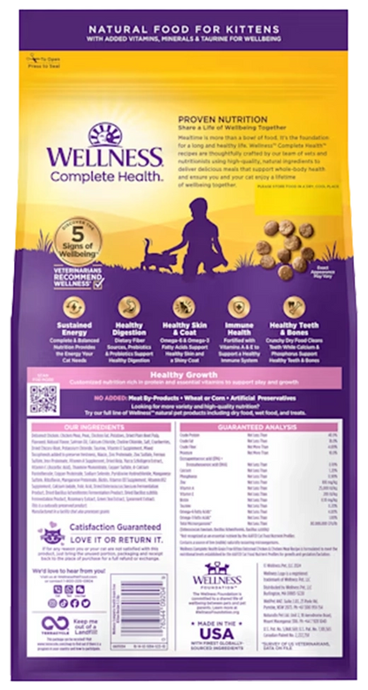 Back of Wellness Complete Health Grain-Free Kitten Dry Cat Food Deboned Chicken & Chicken Meal Recipe 5.5-lb