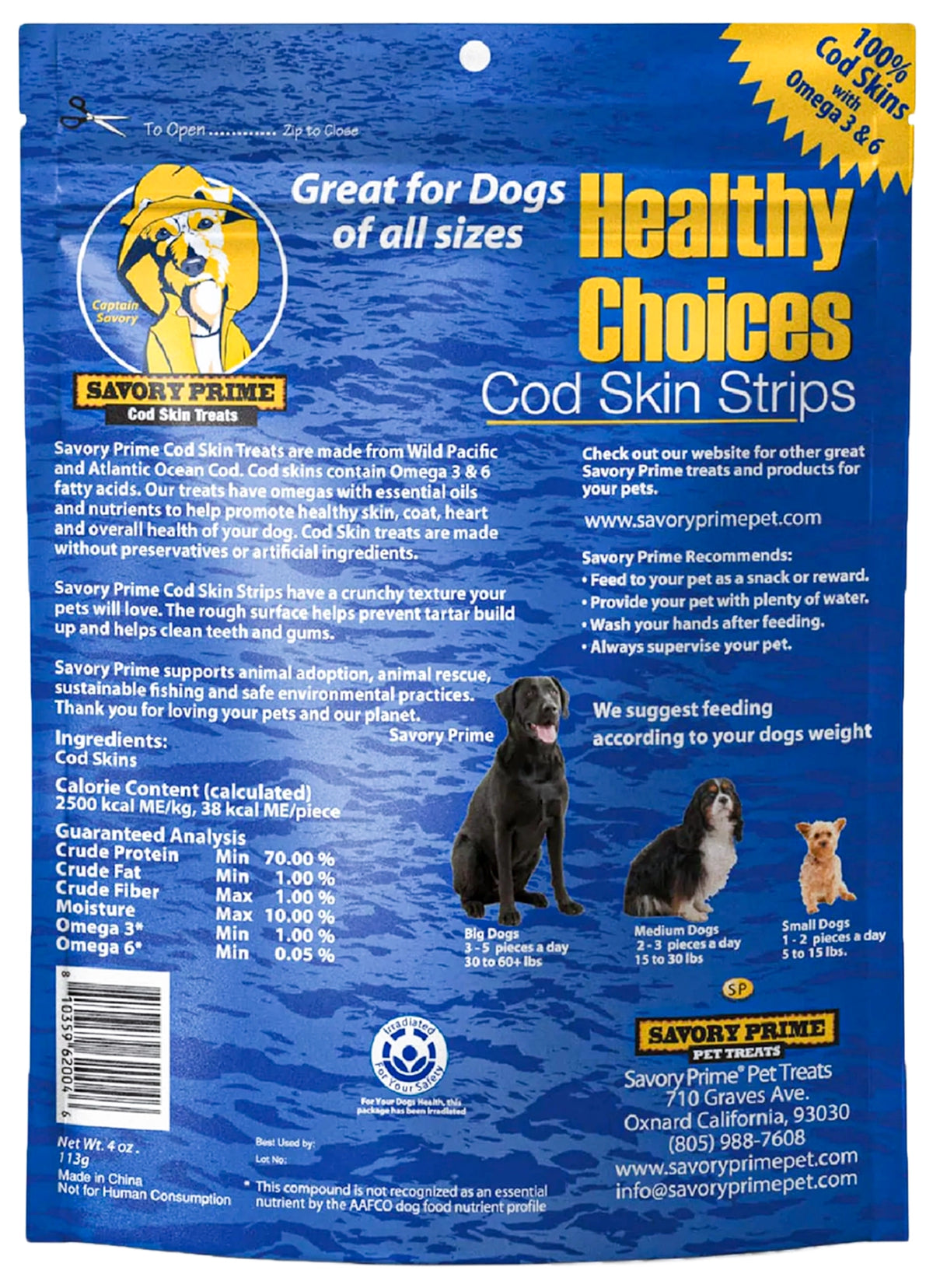 Back of Savory Prime Cod Skin Fish Strips Dog Treats 4-oz