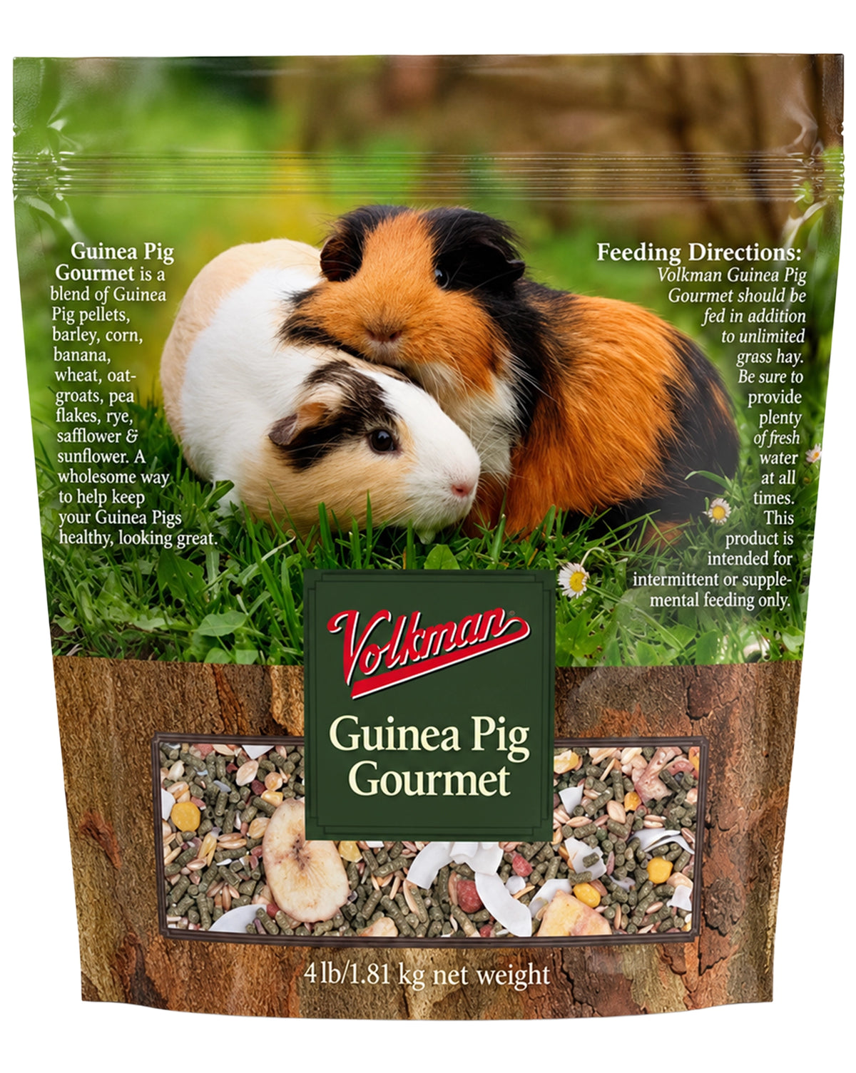 Back of Volkman Seed Company Small Animal Guinea Pig Gourmet Dry Food 4-lb